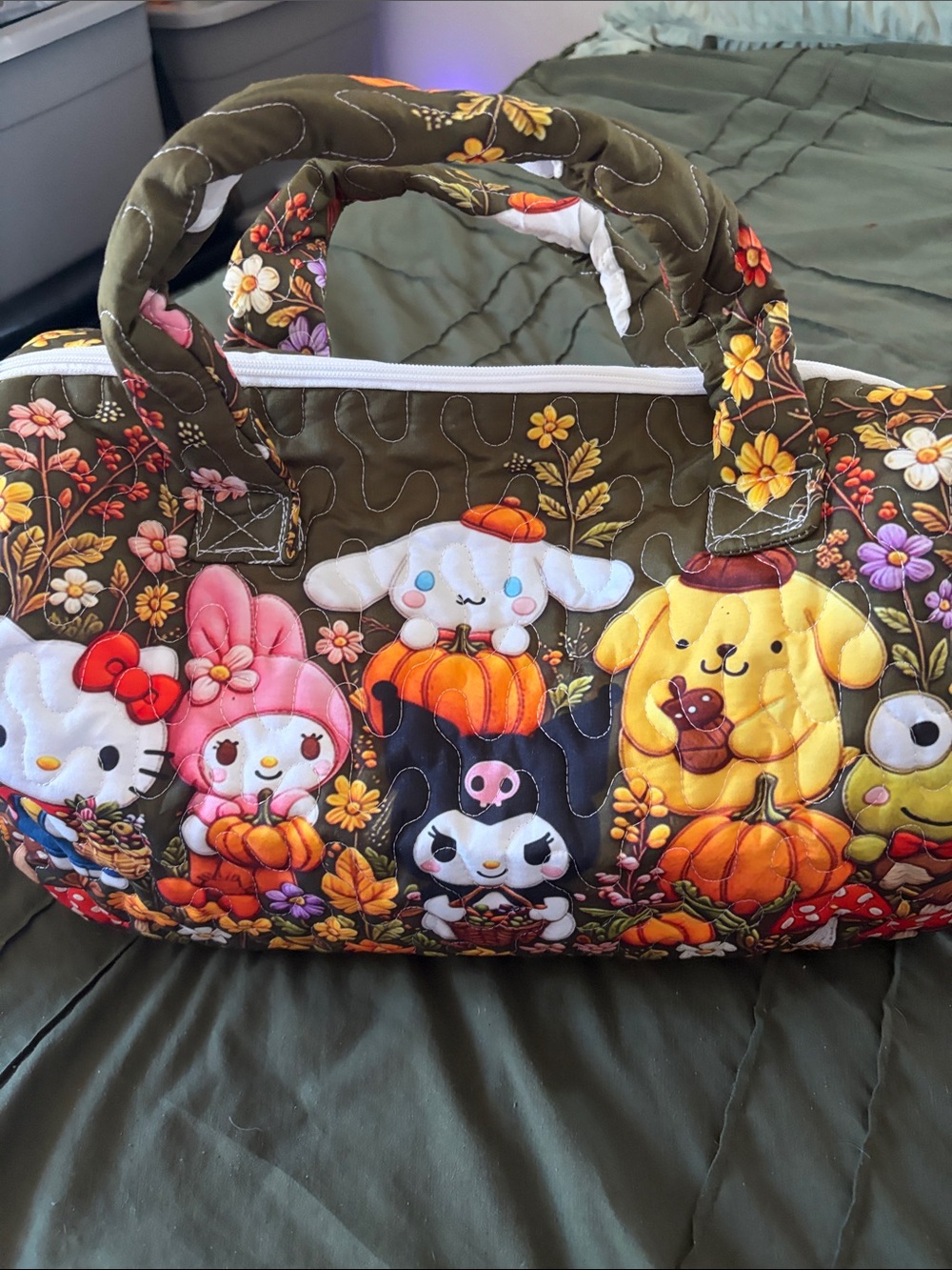 Sanrio Quilted Carrier Bag in Olive Green with Autumn Character Print New Large